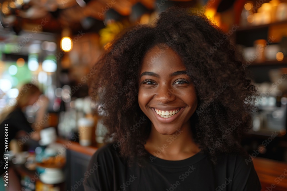 Portrait of a smiling young African American woman in a cafe