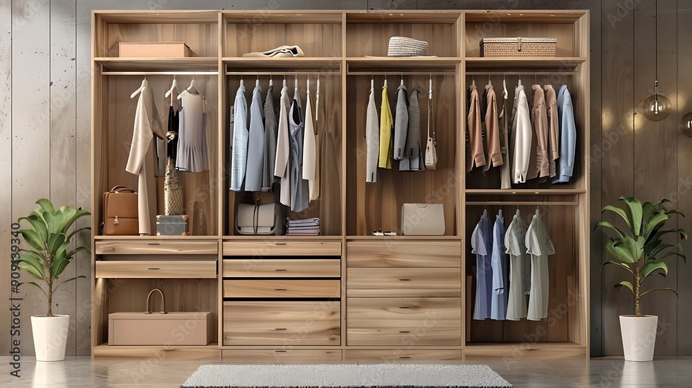 Modern wooden wardrobe with clothes hanging on rail in walk in closet Modern wooden wardrobe with clothes hanging on rail in walk in closet