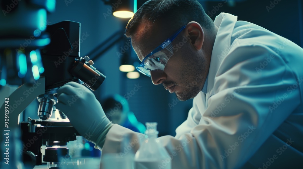 Scientist analyze biochemical samples in advanced scientific laboratory. Medical professional use microscope look microbiological developmental of viral. Biotechnology research in science lab. Scientist analyze biochemical samples in advanced scientific laboratory. Medical professional use microscope look microbiological developmental of viral. Biotechnology research in science lab.