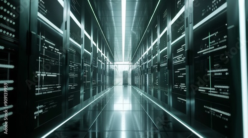 Shot of Corridor in Working Data Center Full of Rack Servers and Supercomputers with Internet connection Visualization Projection, technology, digital, futuristic, future,