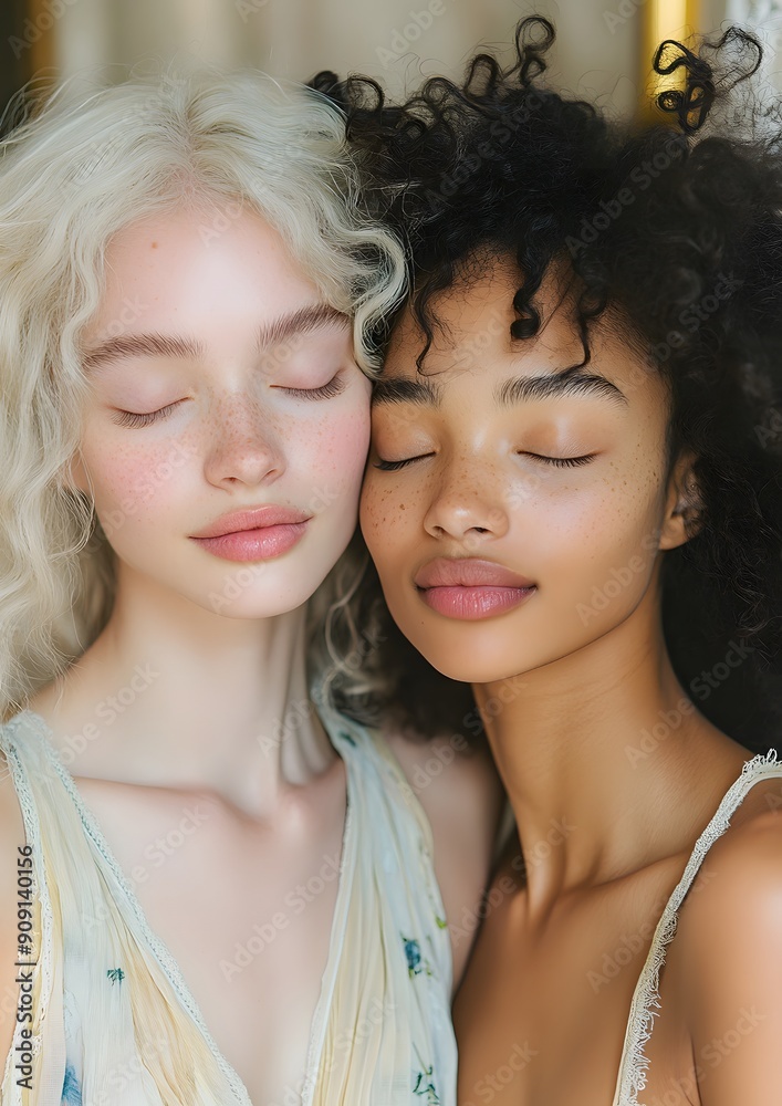 Two women with different hair colors and makeup, one with blonde hair and the other with black hair Two women with different hair colors and makeup, one with blonde hair and the other with black hair