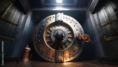 An impressive view of a large, secure bank vault door, showcasing intricate design and mechanics, illuminated in a dimly lit room.