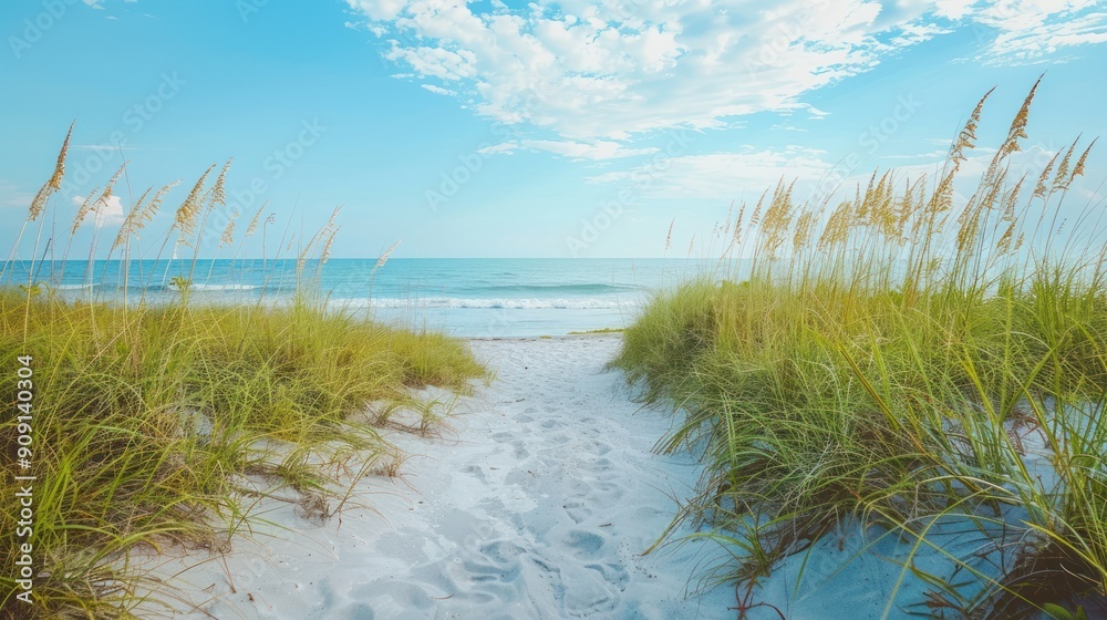 A path through beach grass leading to the shore A path through beach grass leading to the shore