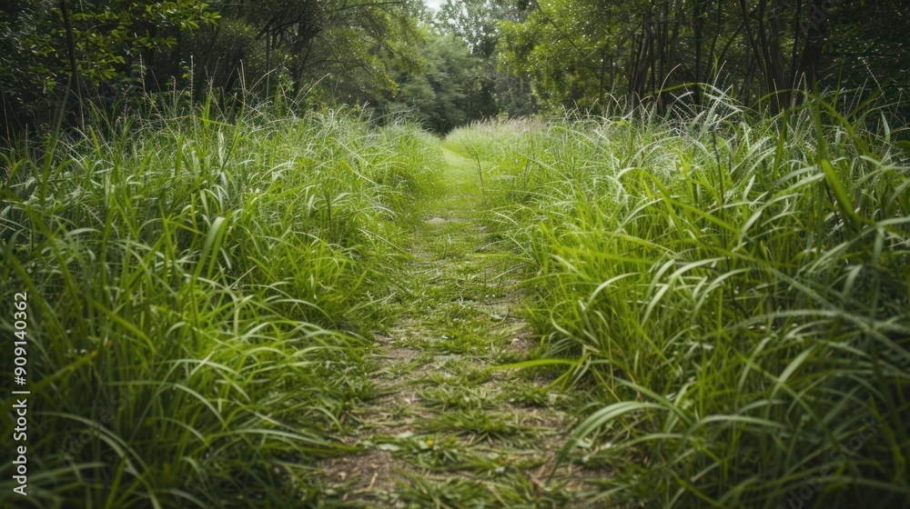 A path through long grass leading to a forest A path through long grass leading to a forest