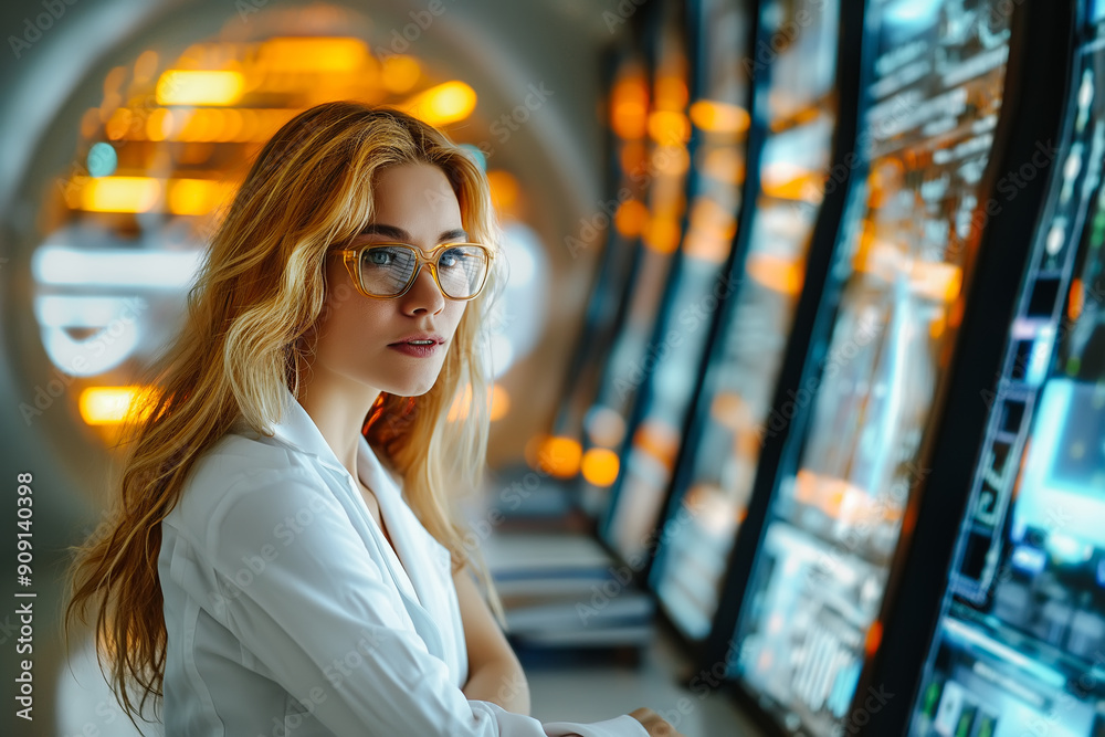 Young Female Uses Artificial Intelligence in System Control Monitoring Center. Young Female Uses Artificial Intelligence in System Control Monitoring Center.