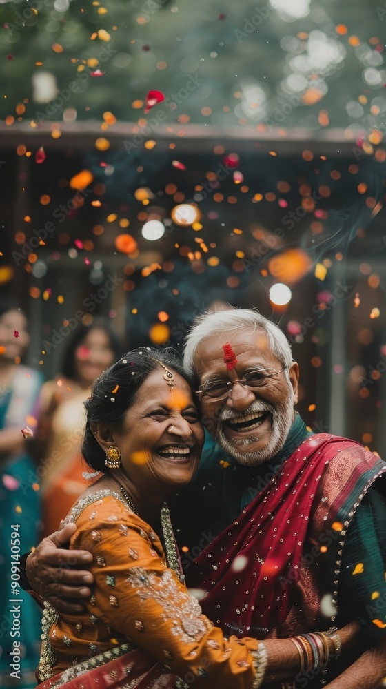 An elderly couple joyfully embraces each other while colorful petals fall around them during a festive celebration An elderly couple joyfully embraces each other while colorful petals fall around them during a festive celebration
