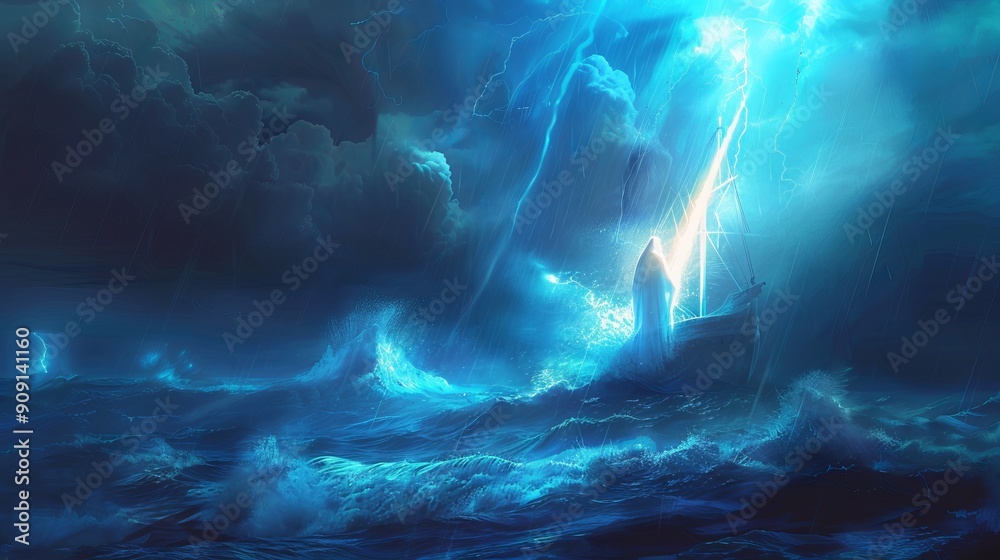 Solitary boat defies the lightning-lit waves at sea. Solitary boat defies the lightning-lit waves at sea.