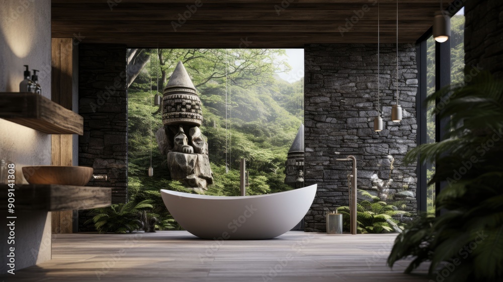 Zen-inspired bathroom with natural stone and greenery Zen-inspired bathroom with natural stone and greenery