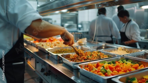 A school cafeteria worker serving food to students