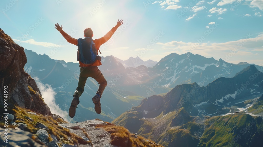 Hiker jumping victoriously on mountain top in sunlight Hiker jumping victoriously on mountain top in sunlight