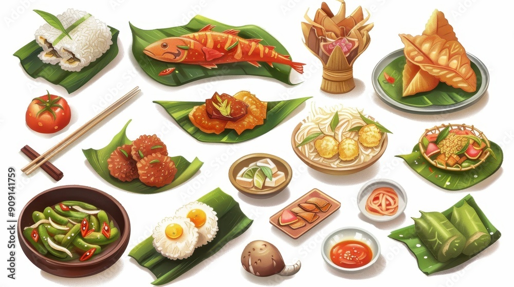 A variety of traditional Asian dishes arranged elegantly on plates, showcasing vibrant colors and intricate designs A variety of traditional Asian dishes arranged elegantly on plates, showcasing vibrant colors and intricate designs