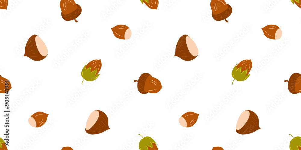 Seamless pattern with hazel nuts, acorns, chestnuts on a white background for textile, fabric, wrapping paper Seamless pattern with hazel nuts, acorns, chestnuts on a white background for textile, fabric, wrapping paper