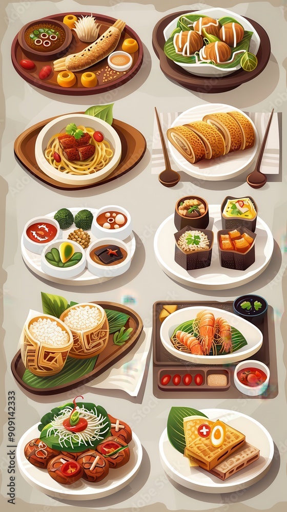 Exquisite dishes from around the world arranged artistically, highlighting diverse culinary traditions Exquisite dishes from around the world arranged artistically, highlighting diverse culinary traditions