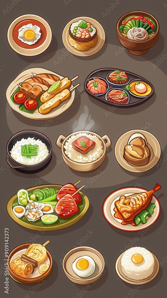 An array of appetizing dishes is spread across the table, featuring vibrant colors and diverse textures, inviting everyone to enjoy An array of appetizing dishes is spread across the table, featuring vibrant colors and diverse textures, inviting everyone to enjoy