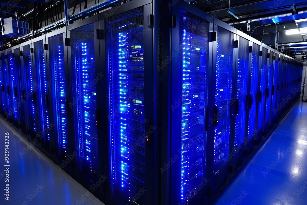 Advanced Data Center Housing Servers Illuminated by Blue LED Lights in Modern Facility Advanced Data Center Housing Servers Illuminated by Blue LED Lights in Modern Facility