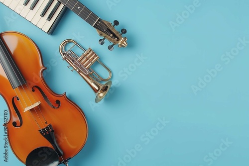 Background for World Music Day or International Jazz Day. blue background with musical instruments, Generative AI. photo