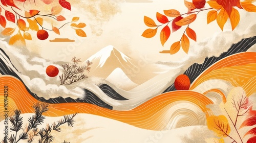 Bold orange and autumn-themed Japanese pattern design