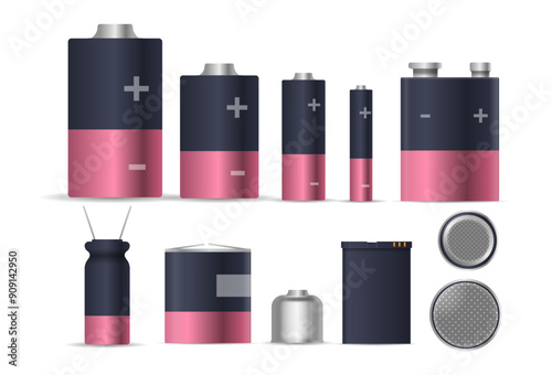 Different Types Of Batteries And Accumulators Including Aa, Aaa, D And Button Cells. Various Shapes And Sizes