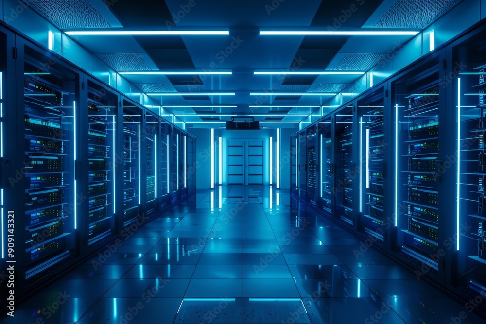 Modern Data Center With Blue Lighting and Row of Servers in Evening Modern Data Center With Blue Lighting and Row of Servers in Evening
