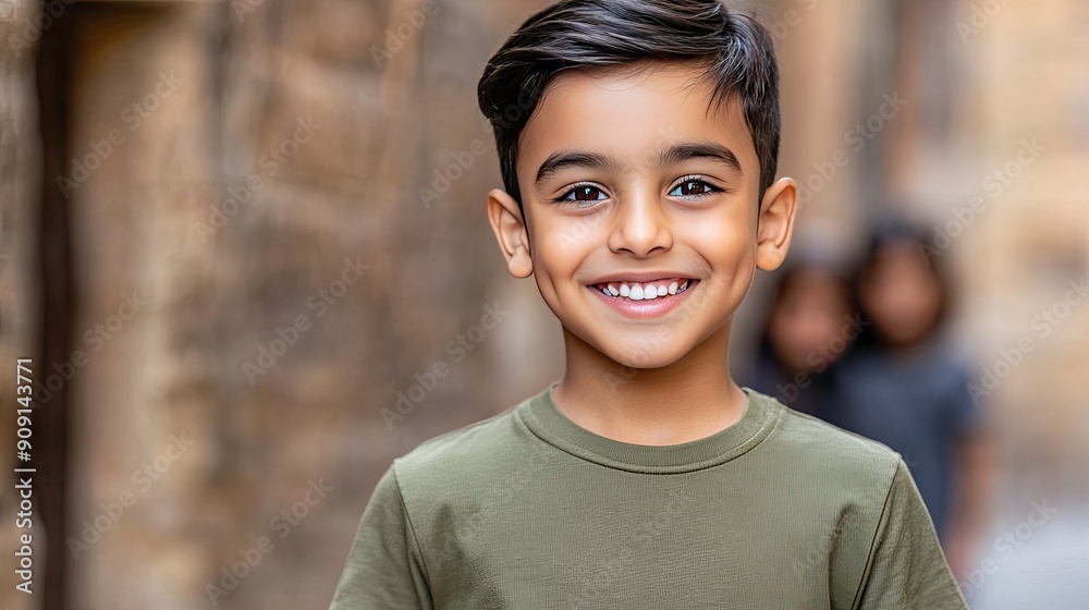 Cheerful Young Boy Smiling in a Narrow Cobblestone Alleyway on a Bright Day Cheerful Young Boy Smiling in a Narrow Cobblestone Alleyway on a Bright Day