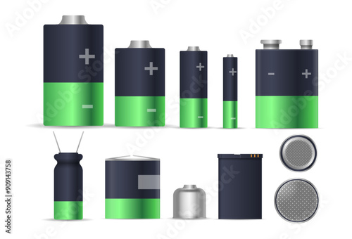 Different Types And Sizes Of Green And Black Batteries And Accumulators Isolated On White Background