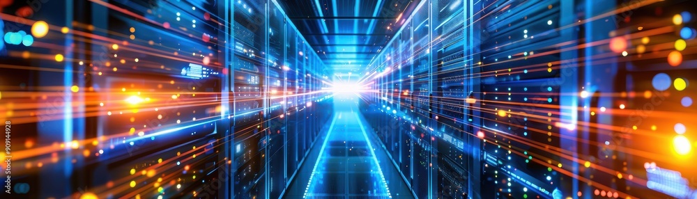 Futuristic perspective of a data center with glowing lines and lights, symbolizing advanced technology and digital connectivity. Futuristic perspective of a data center with glowing lines and lights, symbolizing advanced technology and digital connectivity.