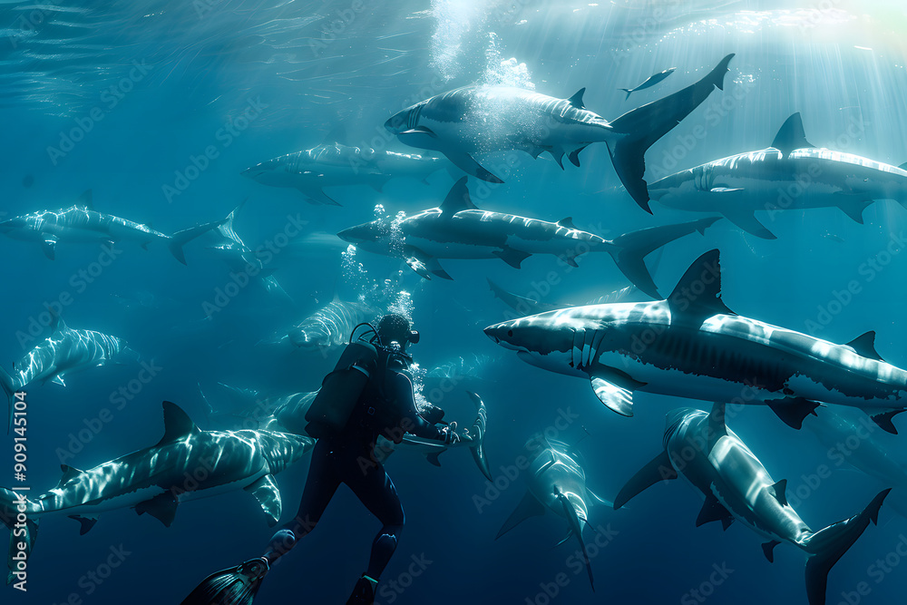 Obraz premium Diver Surrounded by Great White Sharks in the Ocean.