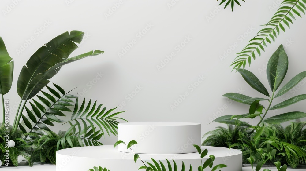 Product display round podium with nature leaves on white background.