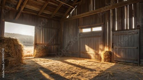Rustic Wooden Barn Interior with Sunlit Open Doors and Hay Stacks