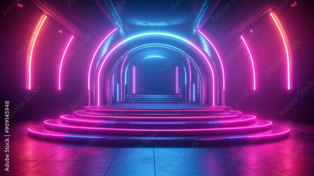 Neon-Lit Circular Platform With Arched Entranceway Neon-Lit Circular Platform With Arched Entranceway