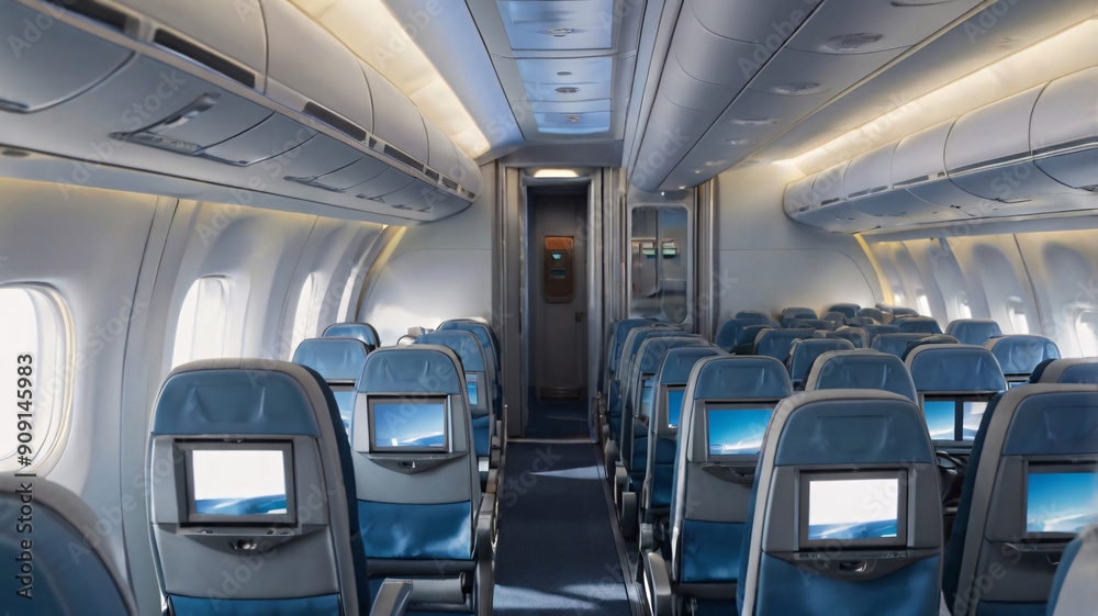 Airplane Cabin with Rows of Blue Seats and Entertainment Screens Mounted on Each Seat Back Airplane Cabin with Rows of Blue Seats and Entertainment Screens Mounted on Each Seat Back