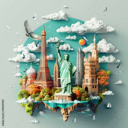 World Landmarks on a Floating Island
