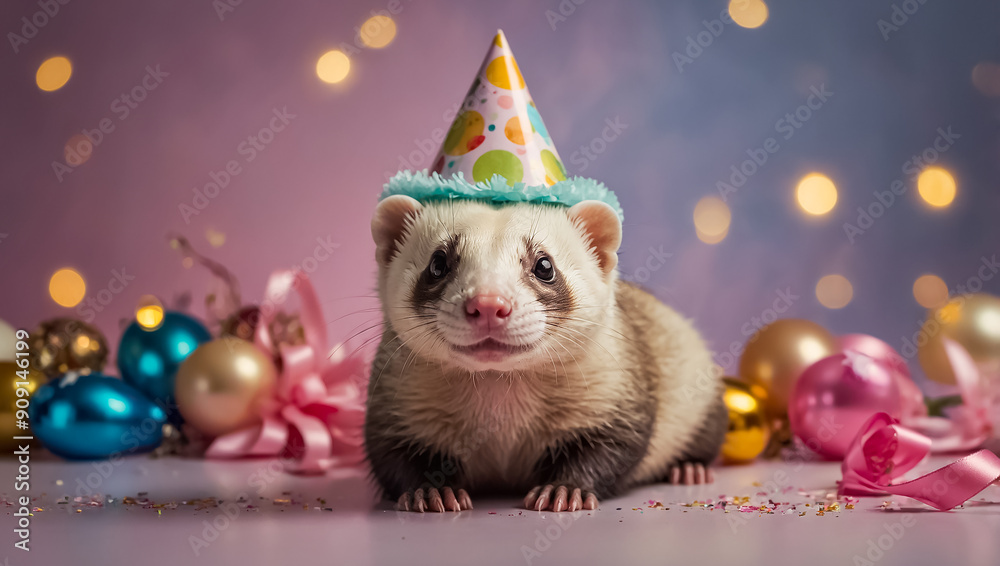 Cute ferret on a colored background, birthday design Cute ferret on a colored background, birthday design
