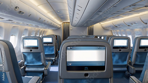 Airplane Cabin with Rows of Blue Seats and Entertainment Screens Mounted on Each Seat Back