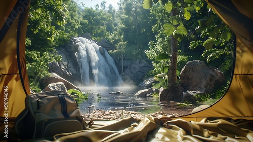 Nice wake up view camping tent and water falling photo