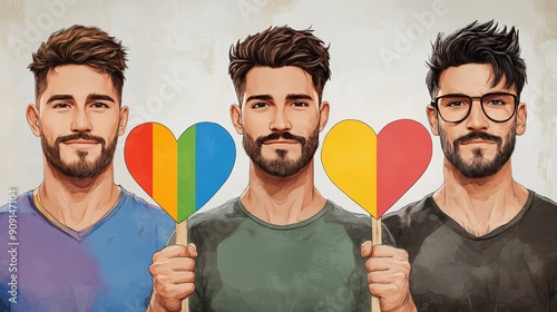 Three men stand together, each holding a heart-shaped lollipop with different colored stripes. The men are smiling and looking at the camera.