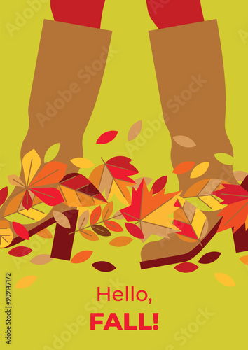Bild auf Leinwand Autumn background with legs in high-heeled boots walking on colorful leaves