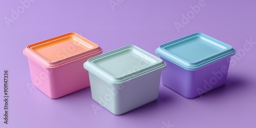 Fidge freezer container in a variety of colors against a simple purple backdrop, Generative AI. photo