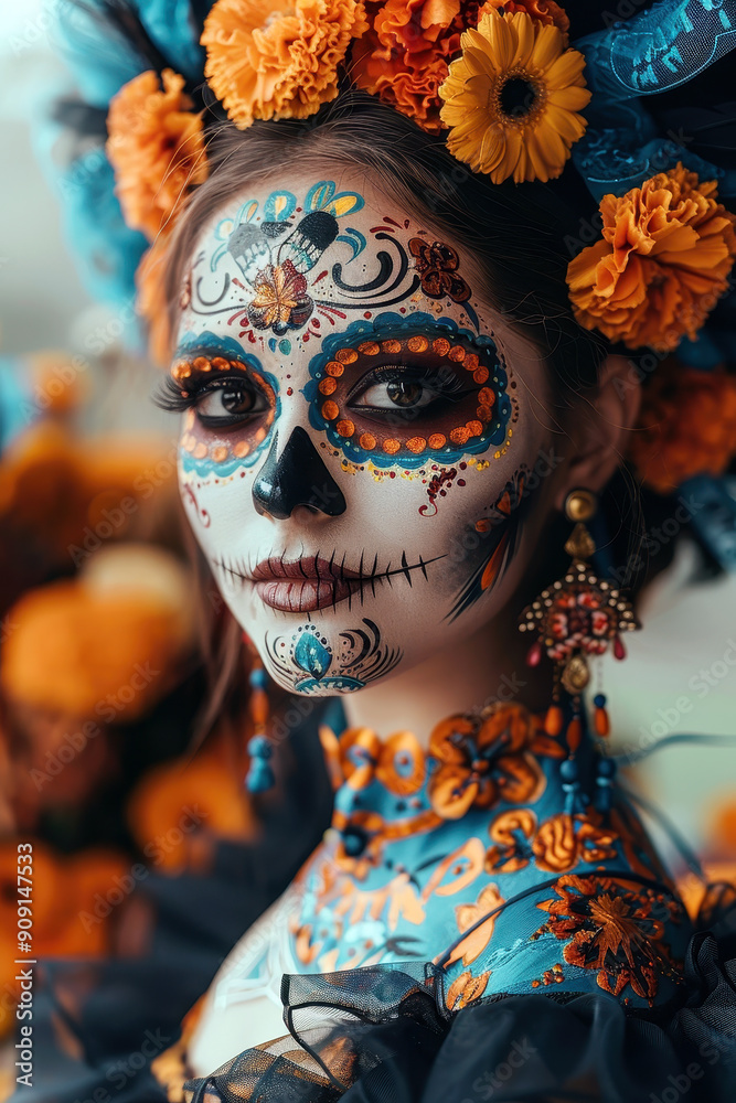 Vibrant Catrina with Floral Headpiece for Dia de Muertos Vibrant Catrina with Floral Headpiece for Dia de Muertos