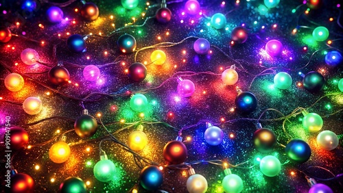 Festive Multicolor Christmas Lights with Glitter on a Dark Surface