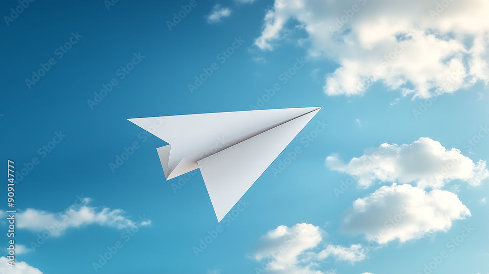 Paper airplane flying in the sky. white paper plane isolated on blue background with clouds Paper airplane flying in the sky. white paper plane isolated on blue background with clouds