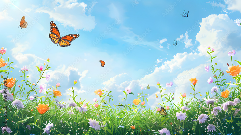 Spring Meadow with Blooming Flowers and Butterflies. Spring Meadow with Blooming Flowers and Butterflies.