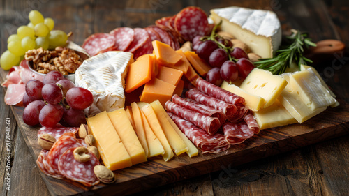 Assorted cheeses, meats, grapes, and nuts on a wooden charcuterie board.