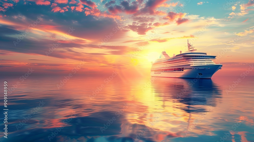 Sunset reflecting off a cruise ship in calm waters. Sunset reflecting off a cruise ship in calm waters.