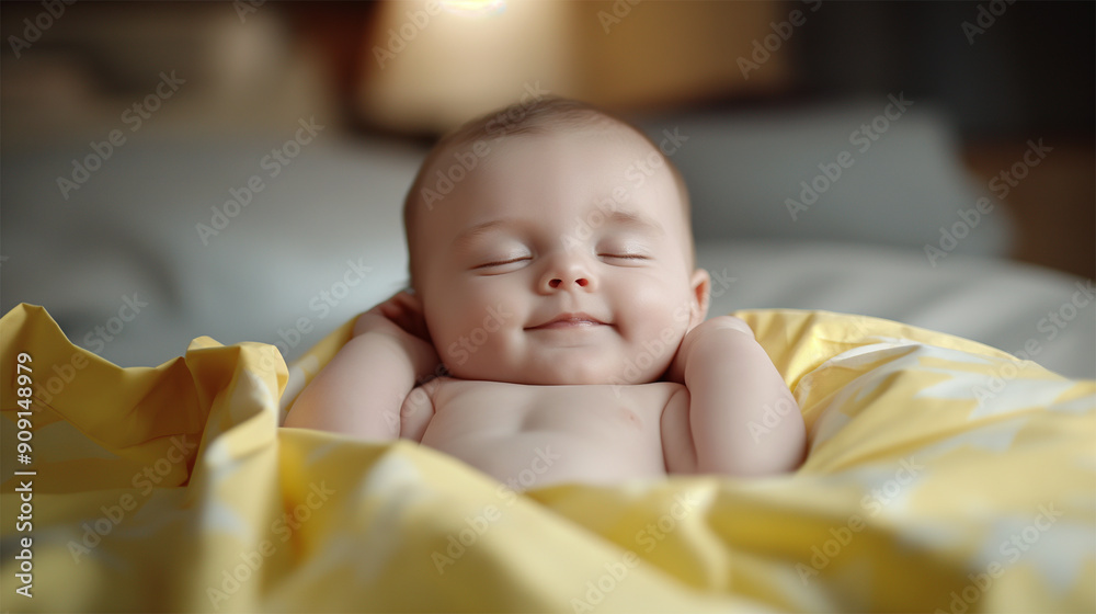 Happy baby sleeping comfortably on a soft yellow blanket
Happy baby sleeping comfortably on a soft yellow blanket