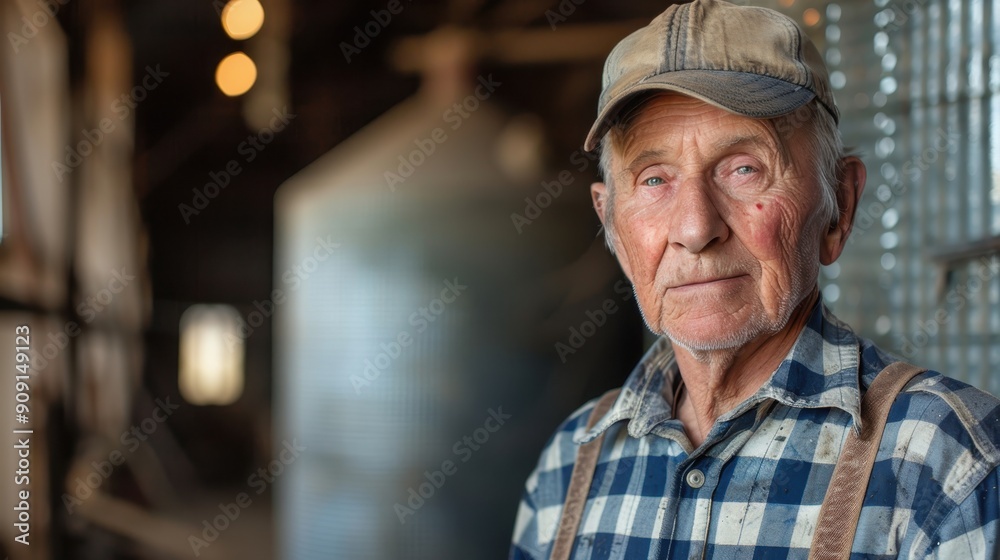 An elderly farmer stands inside a barn, reflecting years of hard work and dedication to agriculture An elderly farmer stands inside a barn, reflecting years of hard work and dedication to agriculture