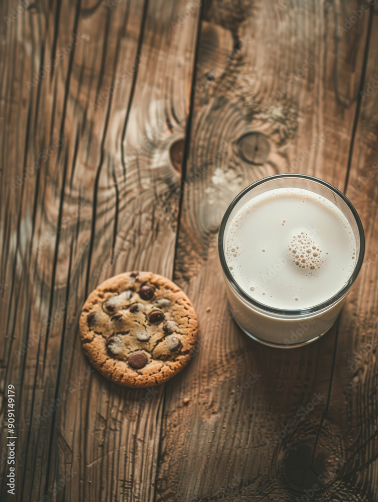 Glass of milk and chocolate chip cookie on rustic wooden table. Glass of milk and chocolate chip cookie on rustic wooden table.