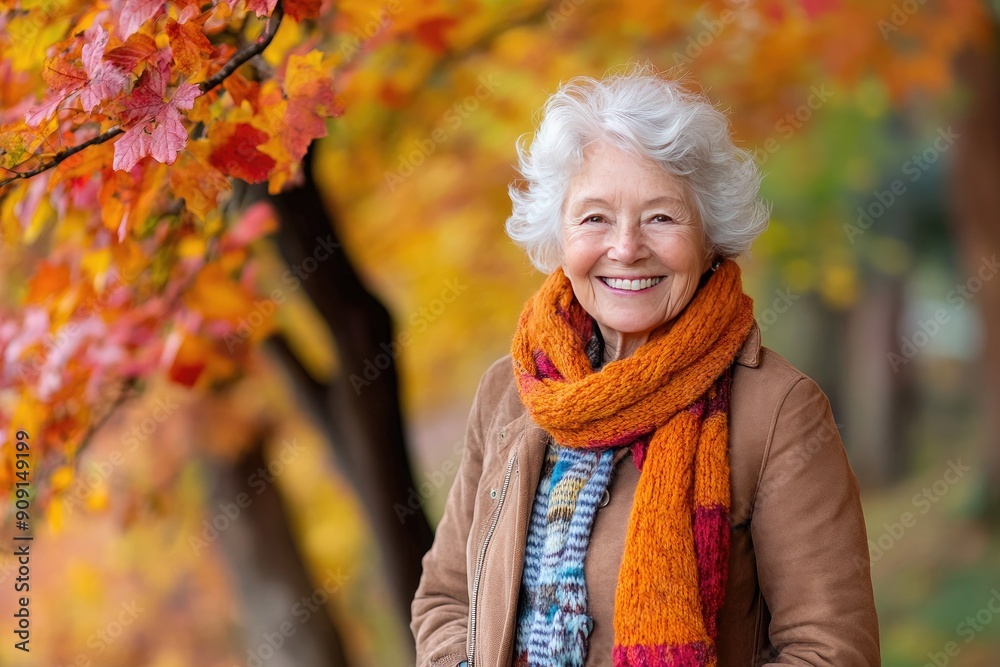 Happy Senior Woman Smiling in Autumn Park Surrounded by Colorful Leaves
