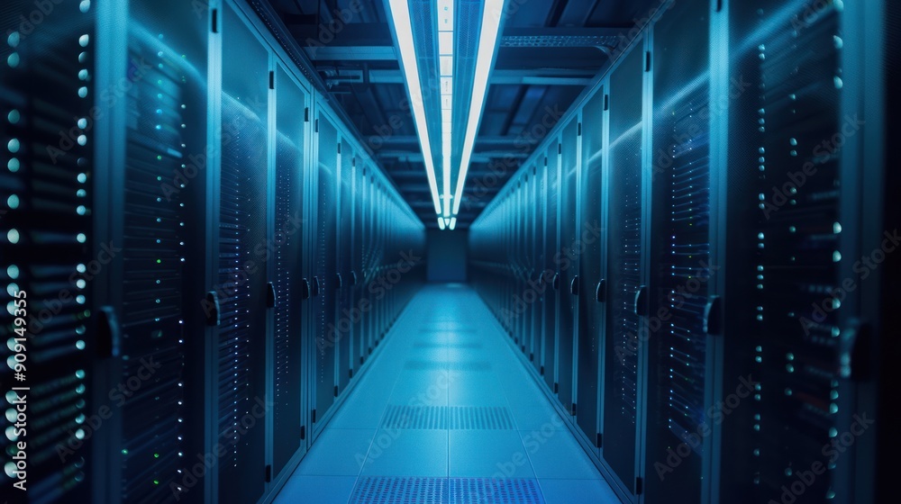 Fototapeta premium Dark data center rack hallway, data backup technology background