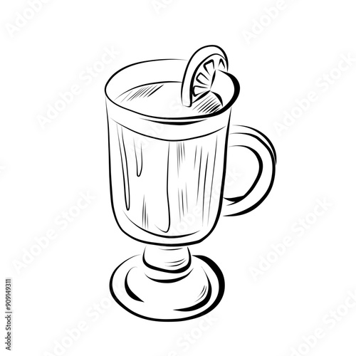 Line drawing. Art line glass with mulled wine, tea and lemon. Vector